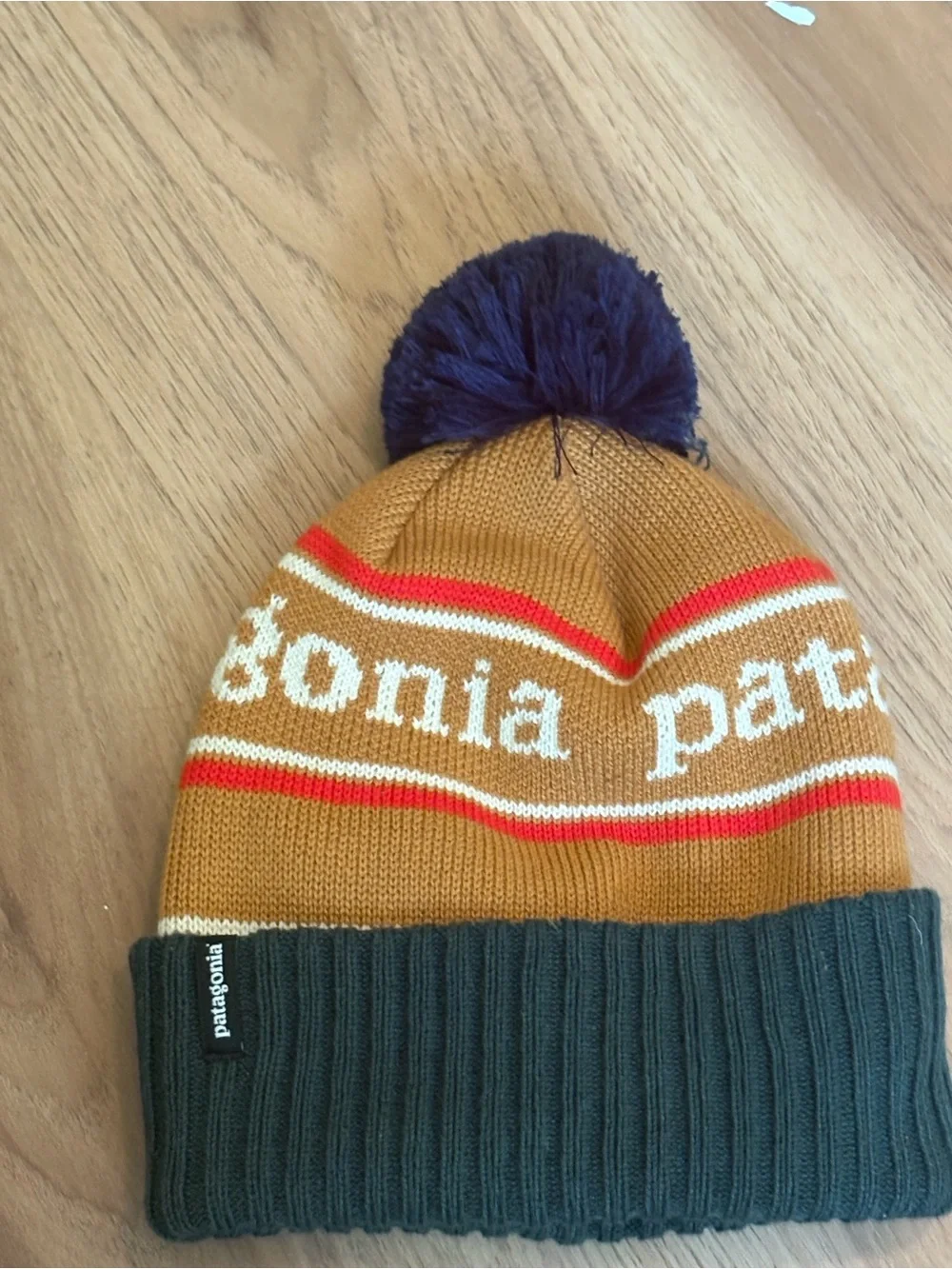 Patagonia Knit Pom Beanie in Mustard, Olive & Navy
